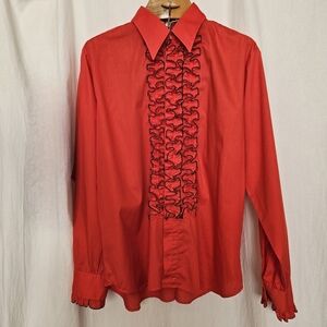 Vintage Dress Shirt Mens XL Red  Ruffle Front Tuxedo Prom Disco 70s Valentines